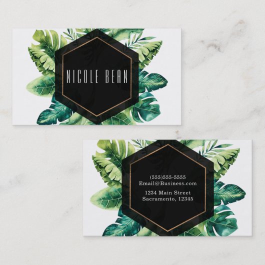 Groene tropische bladeren zwart elegante chique op visitekaartje (Voorkant / Achterkant)