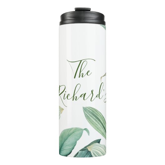 Groene tropische bladmonogram thermosbeker (Voorkant)
