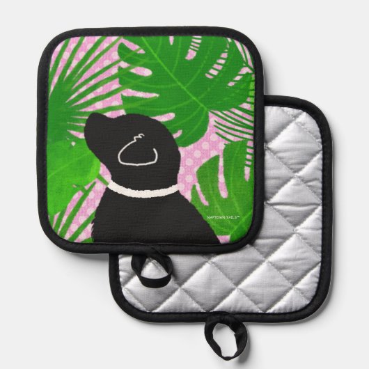 Groene tropische eiland zwarte hond pot houder (Voorkant / Achterkant)