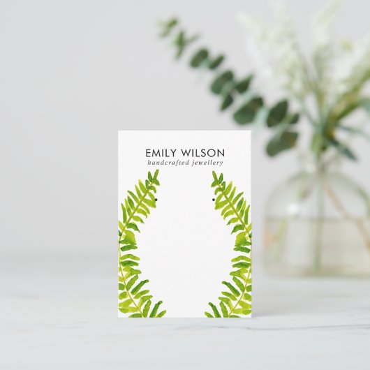 GROENE TROPISCHE FERN FAUNA EARRING STUD DISPLAY B VISITEKAARTJE (Staand voorkant)