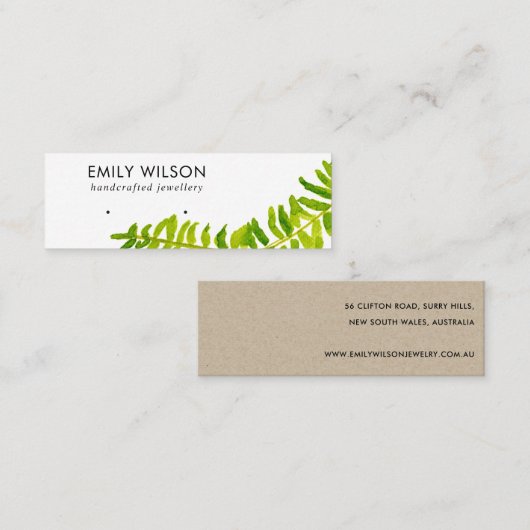 GROENE TROPISCHE FERN FAUNA EARRING STUD DISPLAY MINI VISITEKAARTJE (Voorkant / Achterkant)