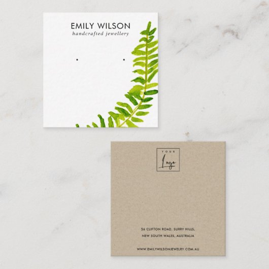 GROENE TROPISCHE FERN FAUNA EARRING STUD DISPLAY  VIERKANTE VISITEKAARTJE (Voorkant / Achterkant)