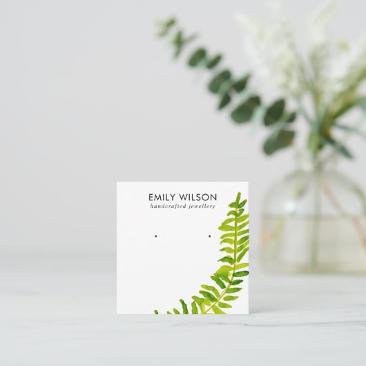 GROENE TROPISCHE FERN FAUNA EARRING STUD DISPLAY  VIERKANTE VISITEKAARTJE (Staand voorkant)