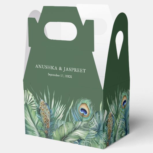 Groene tropische Indiase pauw veren bruiloft Bedankdoosjes (Geopend)