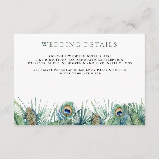 Groene tropische Indiase pauw veren bruiloft Informatiekaartje (Voorkant)