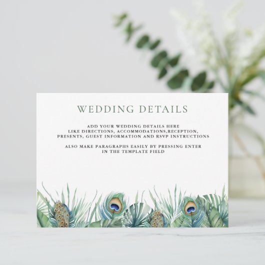 Groene tropische Indiase pauw veren bruiloft Informatiekaartje (Staand voorkant)