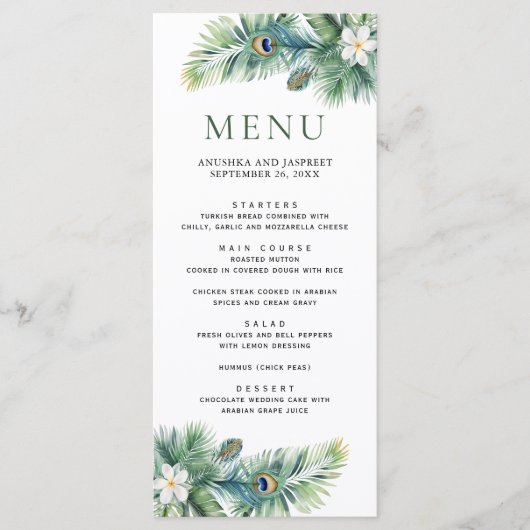 Groene tropische Indiase pauw veren bruiloft Menu (Voorkant)
