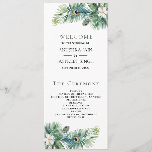 Groene tropische Indiase pauw veren bruiloft Programmakaart (Voorkant)