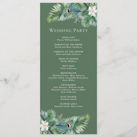 Groene tropische Indiase pauw veren bruiloft Programmakaart (Achterkant)