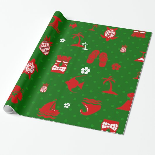 Groene tropische Kerstmis Tiki Retro Cadeaupapier (Uitgerold)