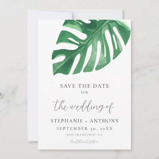 Groene Tropische Monstera Bladeren Zomer Bruiloft Save The Date (Voorkant)