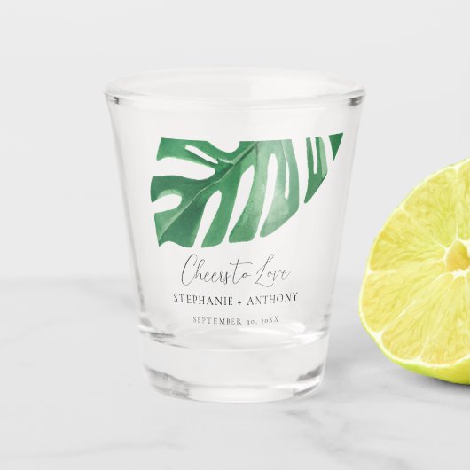 Groene Tropische Monstera Bladeren Zomer Bruiloft Shot Glas (Voorkant)
