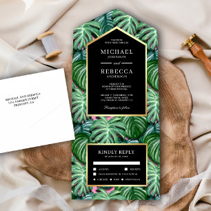 Groene Tropische Monstera Bladeren Zwart Gouden Br All In One Uitnodiging