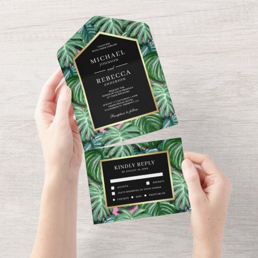 Groene tropische monstera laat zwarte gouden bruil all in one uitnodiging (Afscheurbaar)