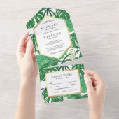 Groene Tropische monstera Palm Leaves Wedding All In One Uitnodiging (Afscheurbaar)