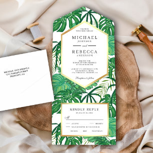Groene Tropische monstera Palm Leaves Wedding All In One Uitnodiging