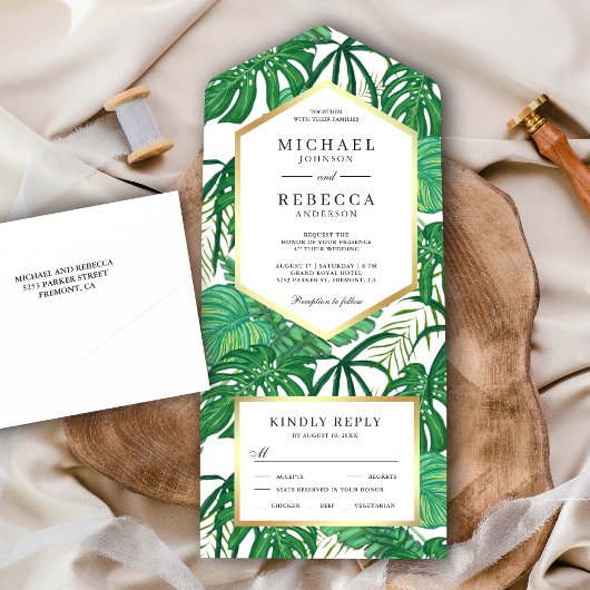 Groene Tropische monstera Palm Leaves Wedding All In One Uitnodiging