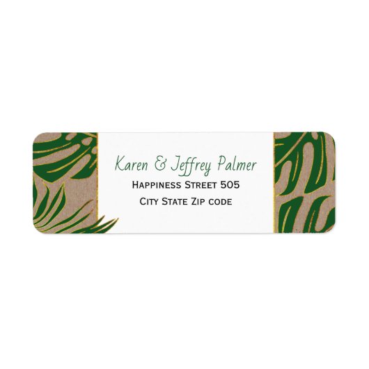 Groene tropische monstera palm verlaat rustige bru etiket (Voorkant)