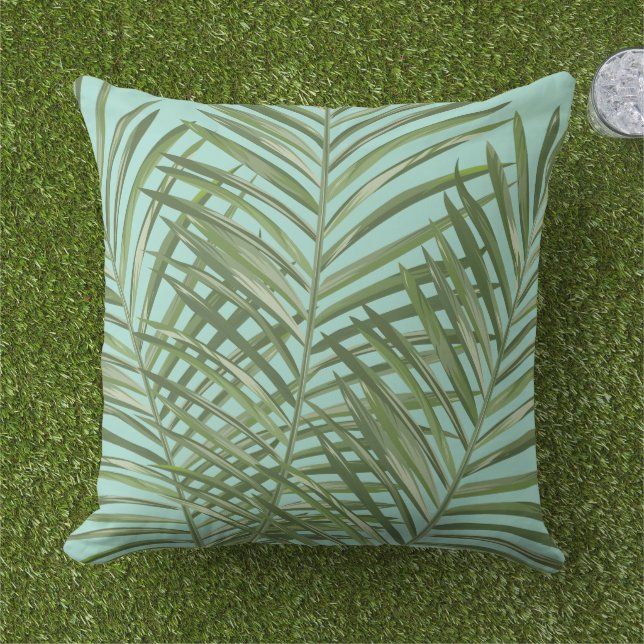 Groene Tropische Palm Leaves Aqua Blue Buitenkussen (Gras)