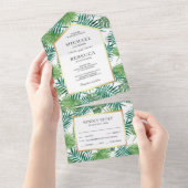 Groene Tropische Palm Leaves Wedding All In One Uitnodiging (Afscheurbaar)
