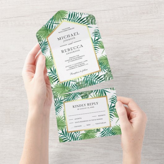 Groene Tropische Palm Leaves Wedding All In One Uitnodiging (Afscheurbaar)