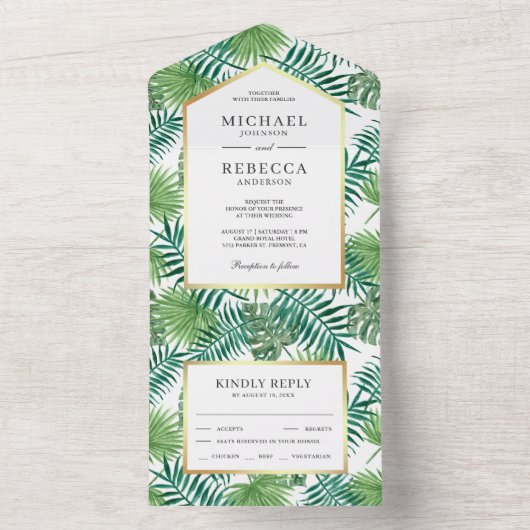 Groene Tropische Palm Leaves Wedding All In One Uitnodiging (Binnen)