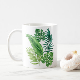 Groene tropische palmbananenmonstera lekt koffiemok