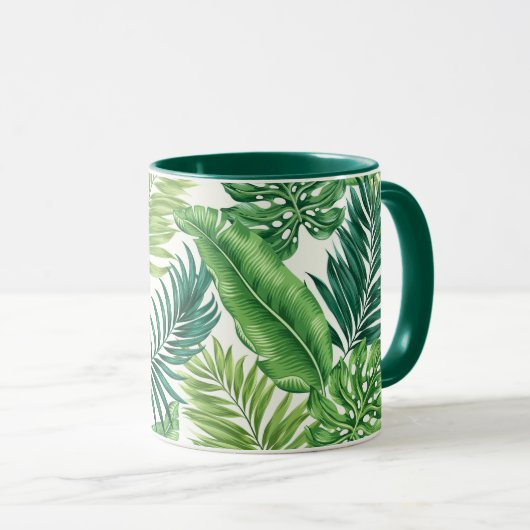 Groene tropische palmbananenmonstera lekt mok (Voorkant rechts)