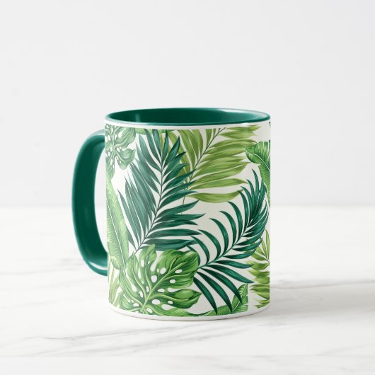 Groene tropische palmbananenmonstera lekt mok (Voorkant links)