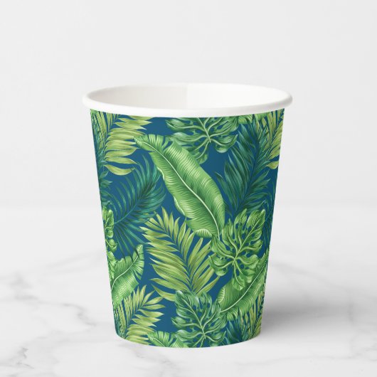 Groene tropische palmbananenmonstera lekt papieren bekers (Links)