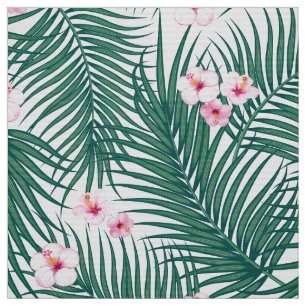 Groene Tropische Palmbladeren met Hibiscus Flowers Stof