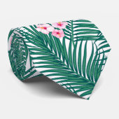 Groene Tropische Palmbladeren met Hibiscus Flowers Stropdas (Opgerold)