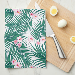 Groene Tropische Palmbladeren met Hibiscus Flowers Theedoek