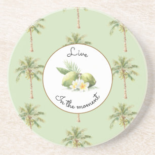Groene Tropische Palmboom Plumeria Bloemen Limoene Zandsteen Onderzetter