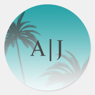 Groene tropische palmboom strand monogram bruiloft ronde sticker
