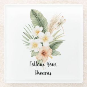 Groene Tropische Perzik Hibiscus Plumeria Libel Glazen Onderzetter