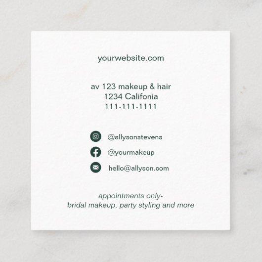 Groene tropische waterverf haar make-up logo vierkante visitekaartje (Achterkant)