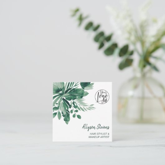 Groene tropische waterverf haar make-up logo vierkante visitekaartje (Staand voorkant)
