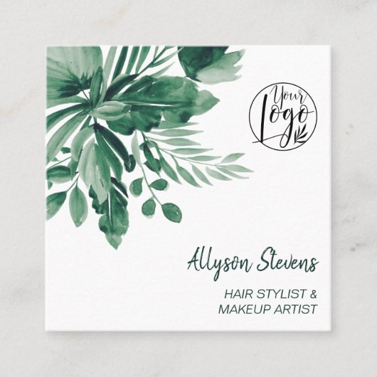 Groene tropische waterverf haar make-up logo vierkante visitekaartje (Voorkant)