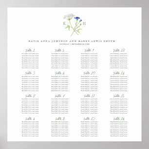 Groene trouw tafelindeling met wilde bloemen monog poster