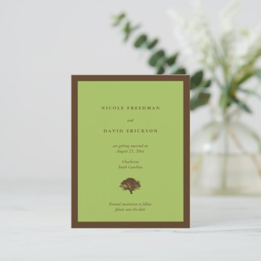 Groene trouwkaart eikenboom save the date kaart (Staand voorkant)