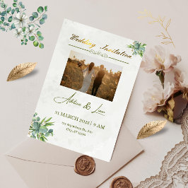 Groene trouwuitnodiging, met vaste gouden titel  save the date