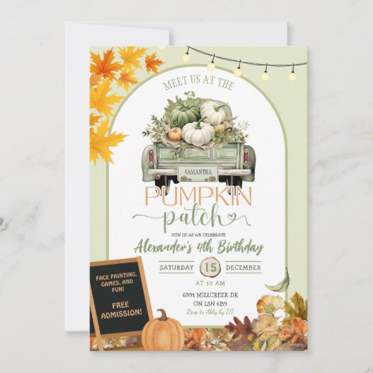 Groene Truck Herfst Bladeren Pompoen Patch Verjaar Kaart (Voorkant)