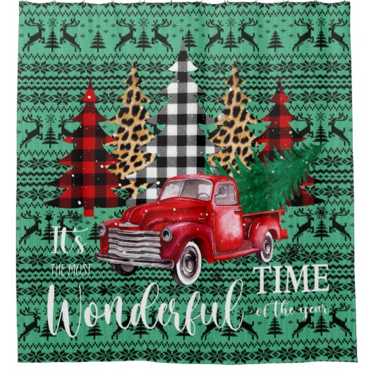 Groene trui rendier rode truck kerst douchegordijn (Voorkant)