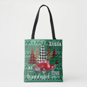 Groene trui rendier rode truck kerst tote bag
