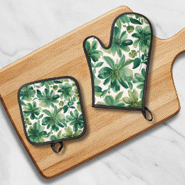 Groene Tuin Bloem Botanische Aquarel Schildering Ovenwant & Pannenlap Set