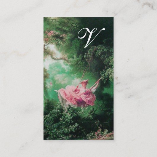 Groene tuin, Rococo Lady op Swing Monogram Visitekaartje (Achterkant)