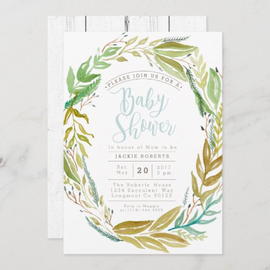 Groene tuin | Waterverf Baby shower Uitnodiging (Voorkant / Achterkant)