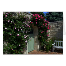 Groene tuinpoort met bank