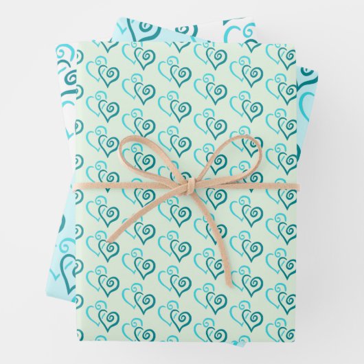 Groene Turquoise Linked Heart Pattern Inpakpapier Vel (In situ)